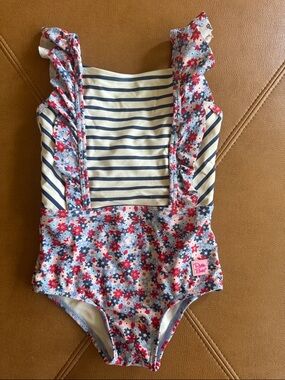 Rufflebutts Striped & Floral One-Piece Swimsuit with Ruffle Straps 3T
